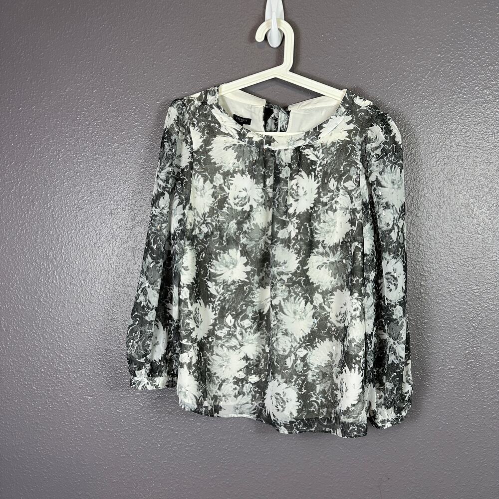 Talbots Floral Scrolls Tie Back Blouse Black White Floral Metallic large Petite
